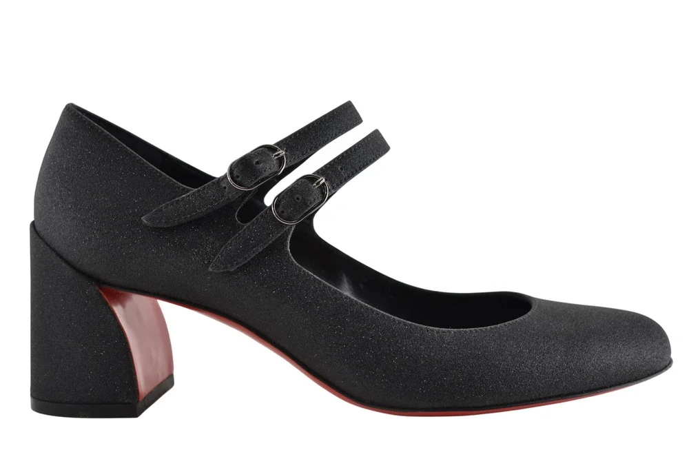 Christian Louboutin Miss Jane 55 Black Glitter Mary Jane Block Heel Pump 37.5
